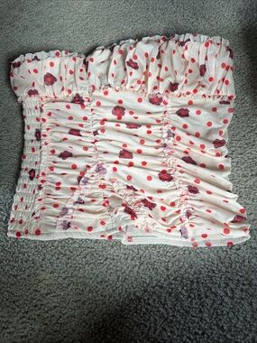 Free People Ivory Smocked Tube Top with Red Polka Dots and Purple Floral Accents